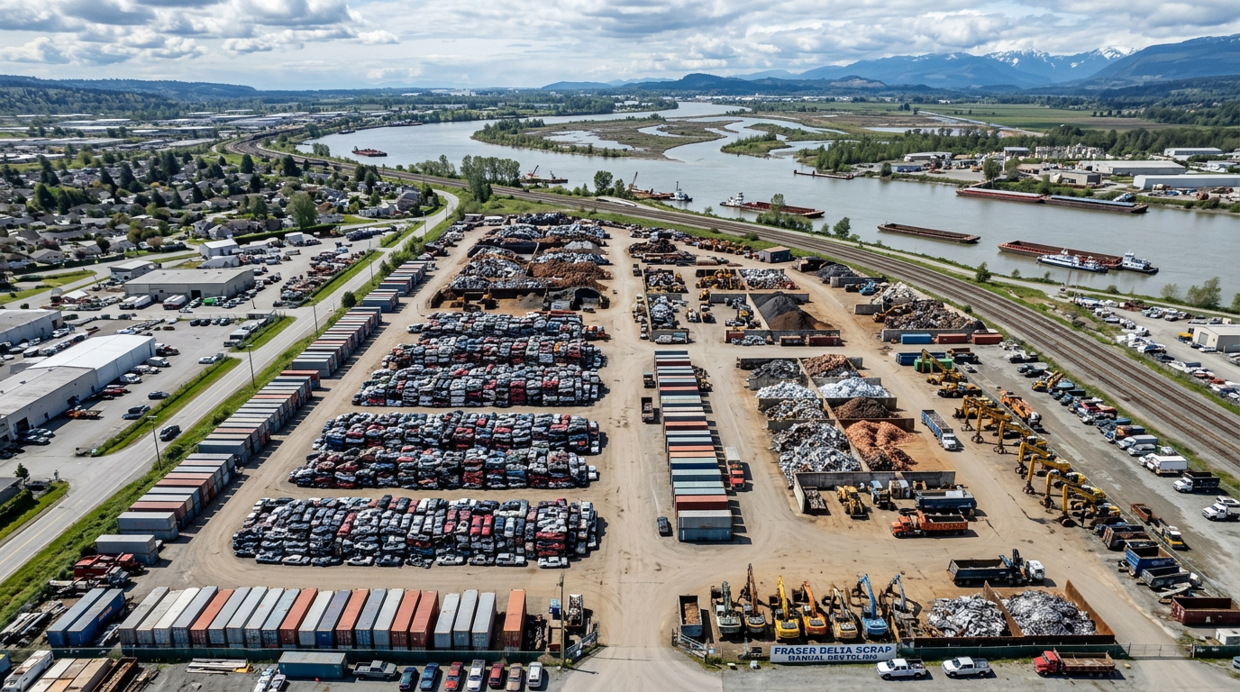 Aerial view of Tilbury Machinery & Vehicle Salvage yard in Delta BC