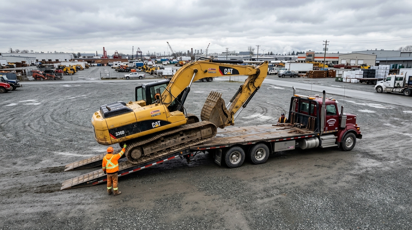 Heavy equipment removal truck in Delta BC industrial area